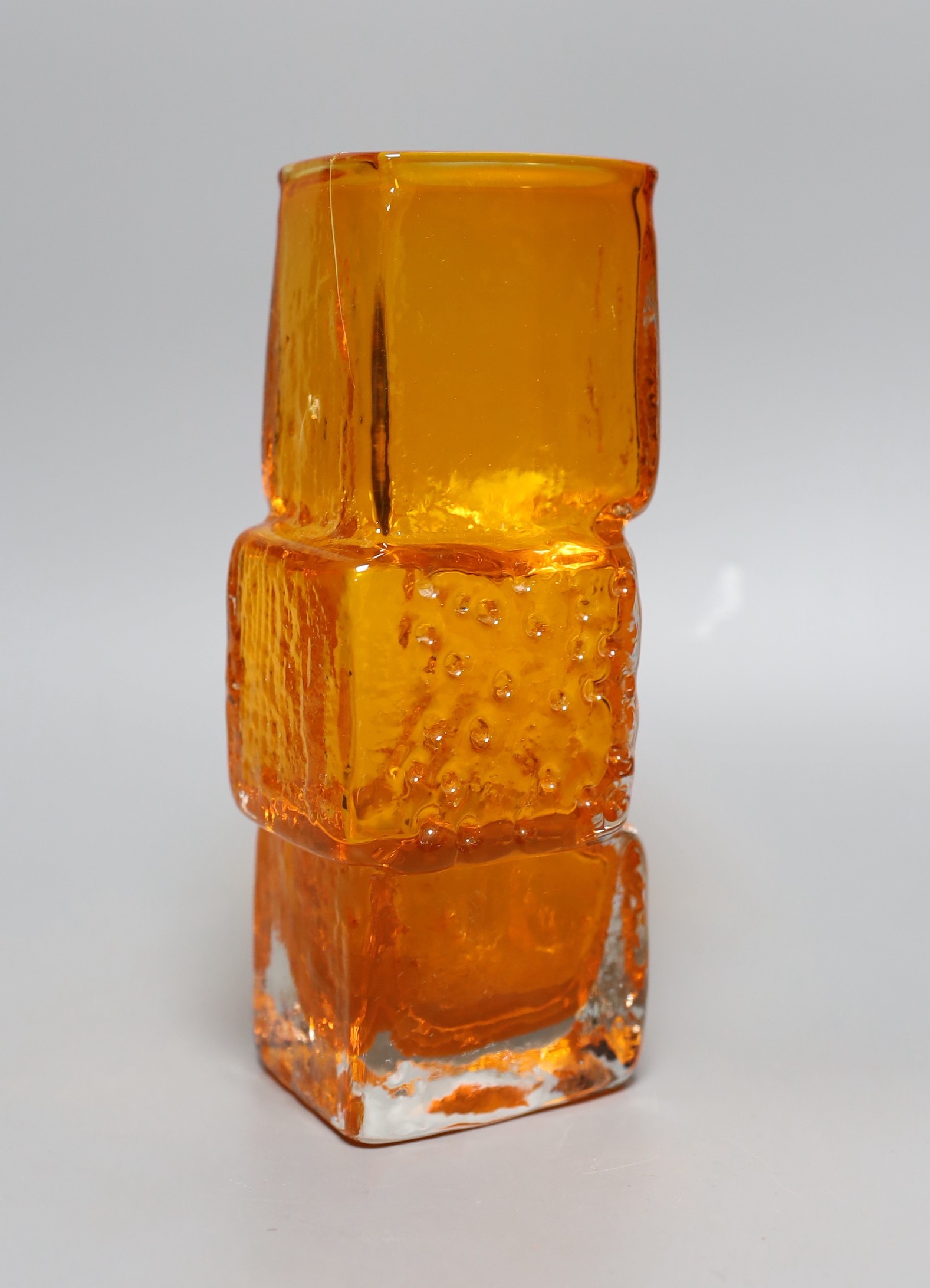 A Whitefriars 'Drunken Bricklayer's' glass vase, designed by Geoffrey Baxter, pattern number 9673, tangerine glass, 21cm tall